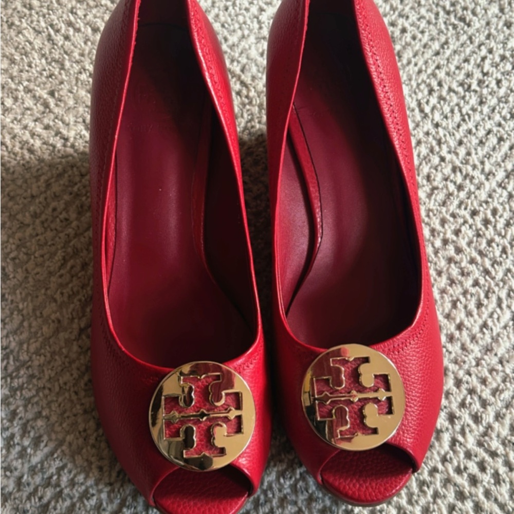 Tory Burch Red Peep-Toe Heels with Gold Logo